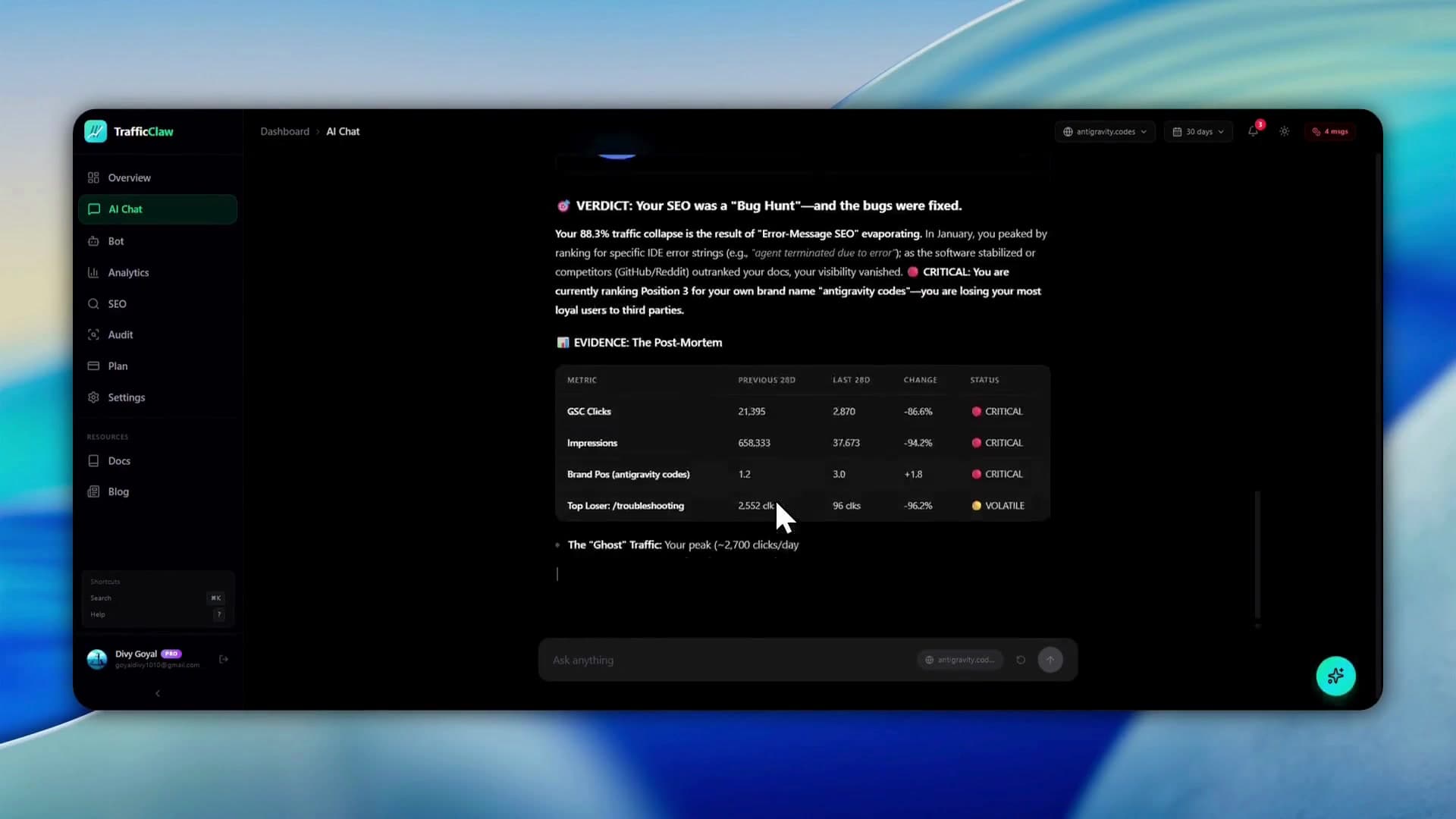 TrafficClaw AI chat demo